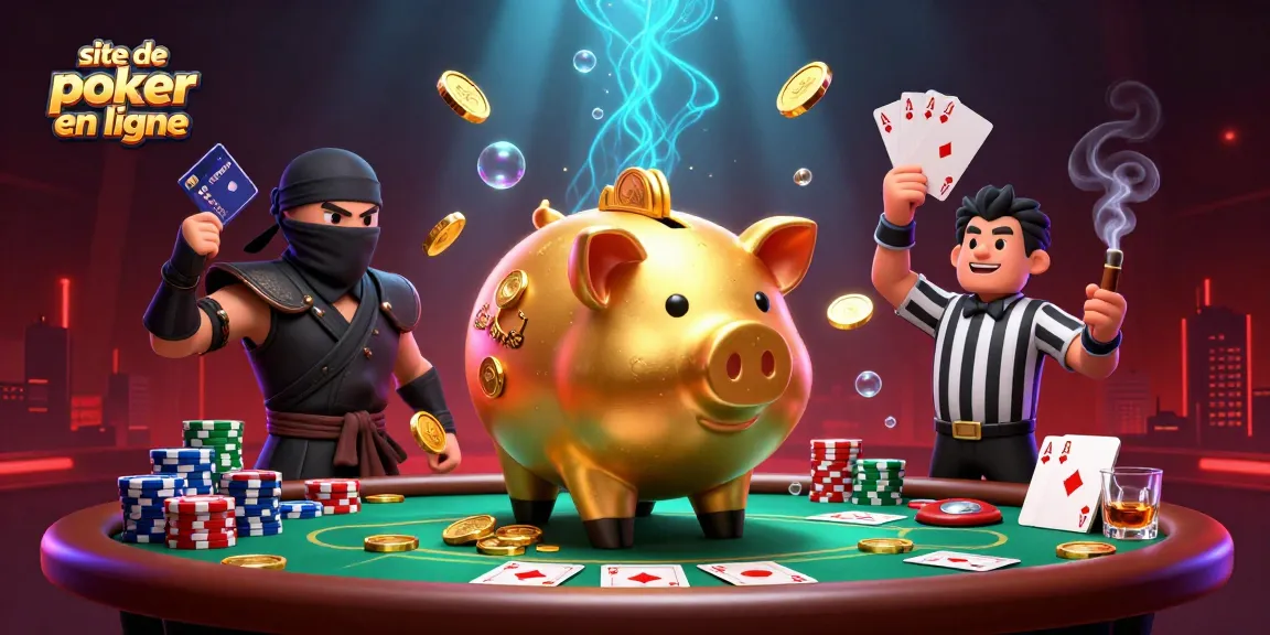 Des joueurs au site de poker en ligne s'affrontent autour d'une table de poker, des jetons et des cartes volent partout.