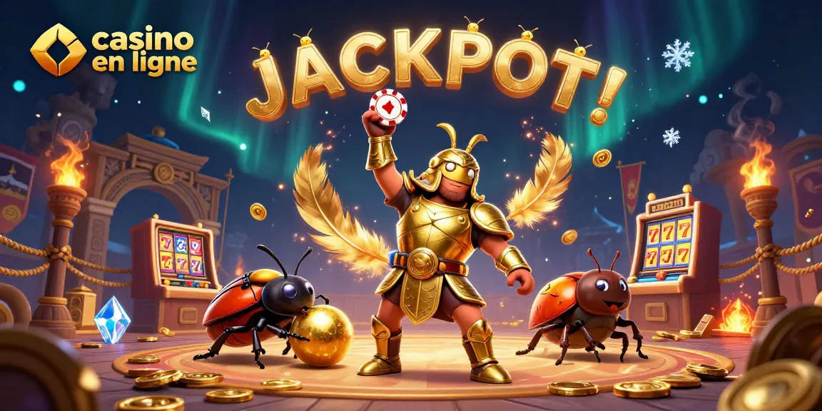 Faites sensation avec des jeux de casino en ligne qui coulent autour d'un scarabée en or levant une puce de poker.