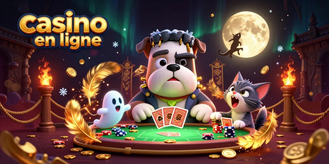 Plongez dans l'univers captivant de casino en ligne avec une illustration d'un bulldog Frankenstein et un chaton loup jouant aux cartes.