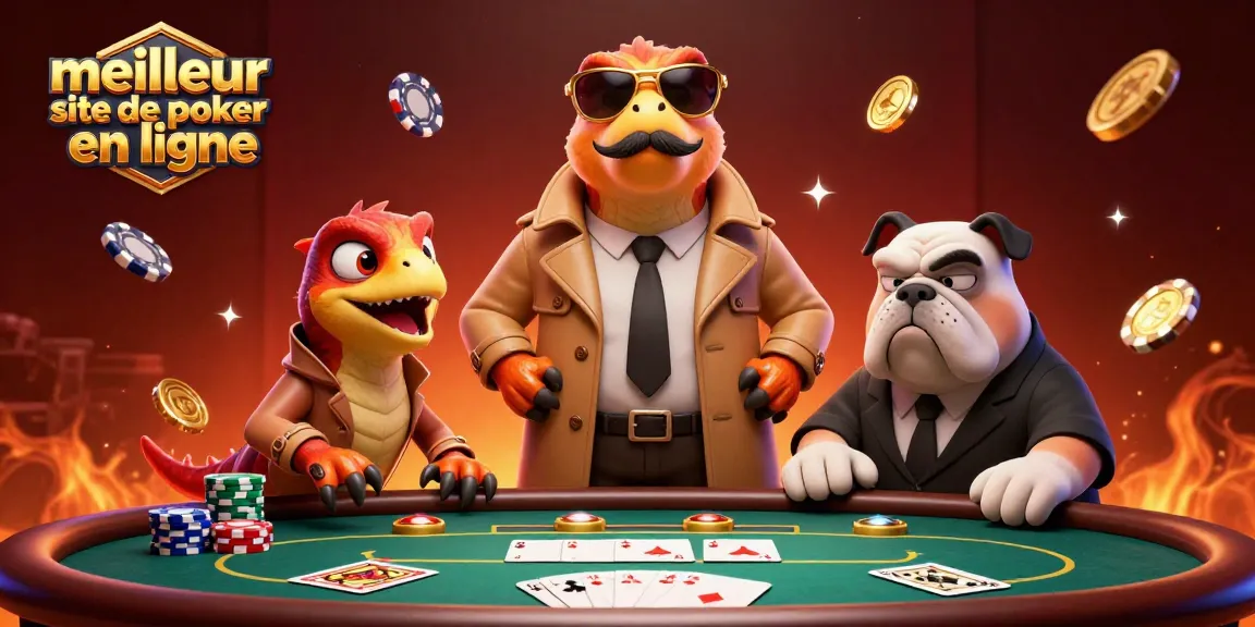 Visitez le meilleur site de poker en ligne, démontrant des raptors jouant au poker avec ambiance casino.