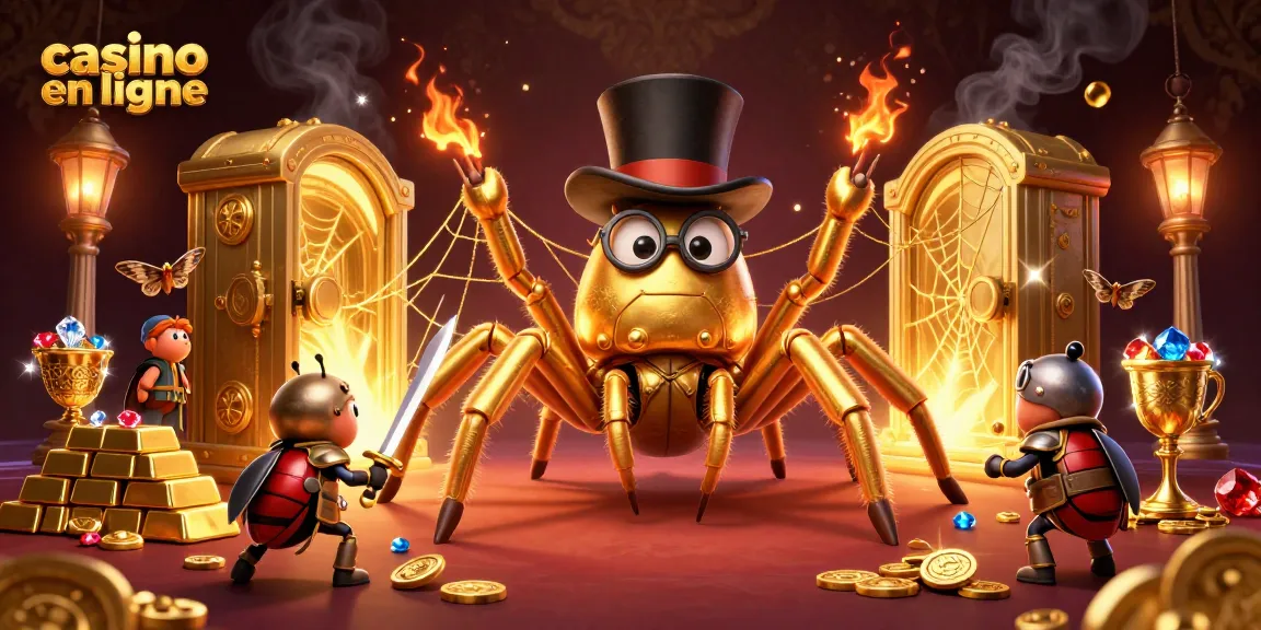 Découvre le casino en ligne avec une tarentule dorée et un chevalier, ambiance éclatante et animée.