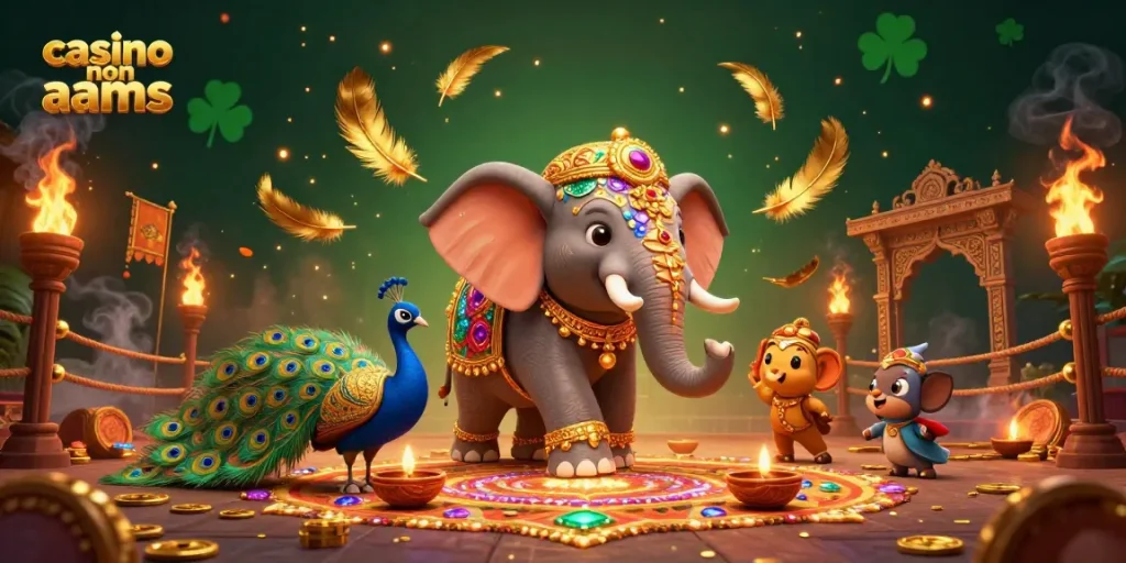 Giocatori esperti in un casino non AAMS interagiscono con un elefante decorato e un pavone, circondati da elementi dorati e atmosfere vivaci.