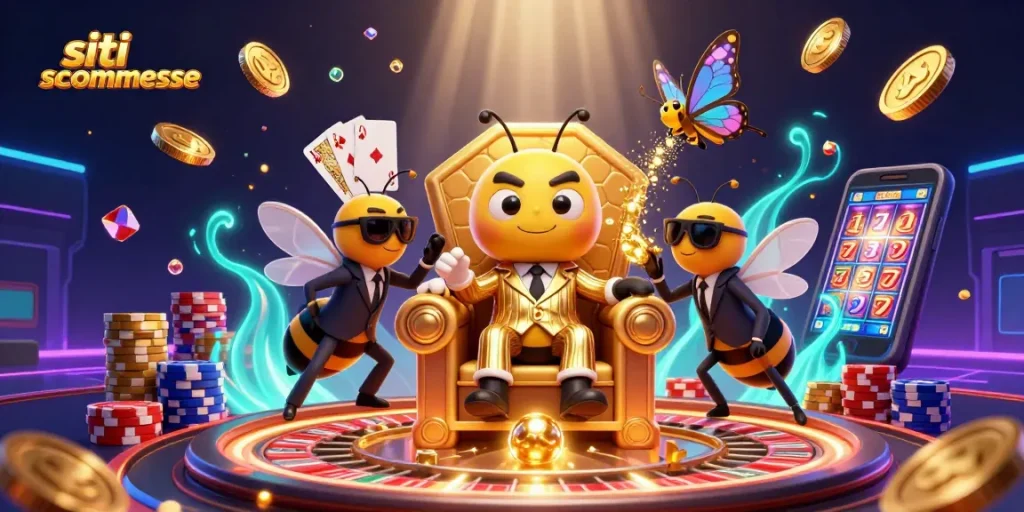 Siti scommesse offrono un'illustrazione vivace con personaggi unici e elementi di gioco come monete d'oro e roulette.