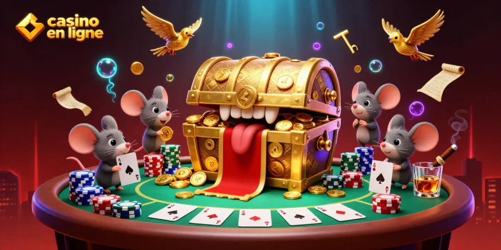 Découvrez l'univers captivant du casino en ligne avec cette illustration ludique des trésors et des jeux de cartes.