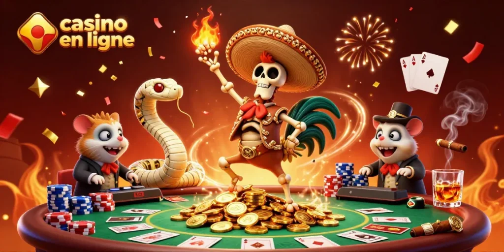 Plongez dans l'univers du casino en ligne avec un rooster mariachi dansant sur des pièces d'or dans une scène festive.