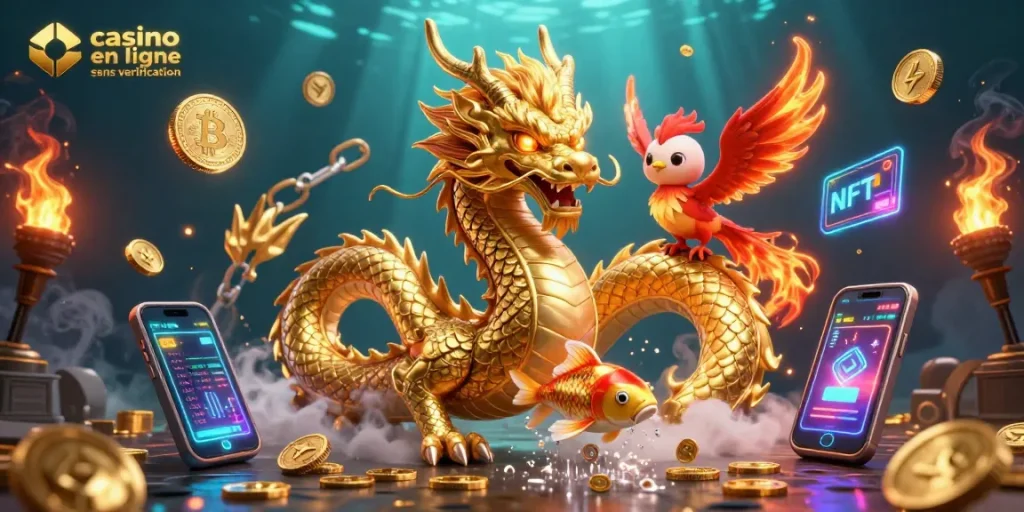 Jouez à casino en ligne sans vérification tout en vous amusant avec un dragon, un phénix et des pièces brillantes.