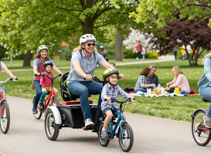 Families enjoying a sunny day cycling on tricycles in a vibrant park.