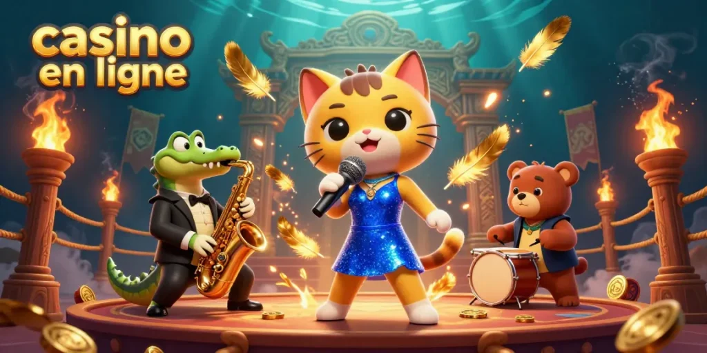 Jouez à des jeux captivants sur un casino en ligne avec une illustration d'animaux jazz et des éléments de jeu.