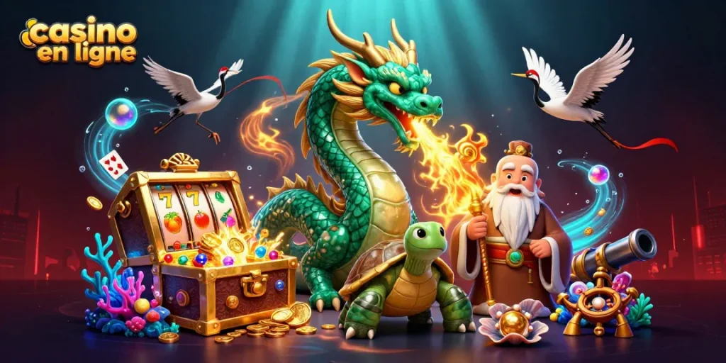 Plongez dans l'univers captivant du casino en ligne avec un dragon et des éléments de jeu.