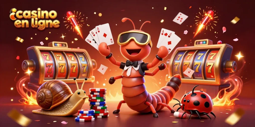 Jouer sur un casino en ligne avec des personnages animés au milieu de célébrations de gains colorés.