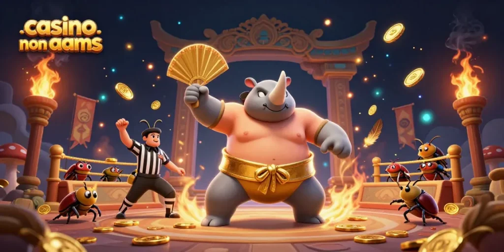 Scopri i casino non AAMS con il campione rinoceronte che lancia monete d'oro in un'illustrazione vibrante