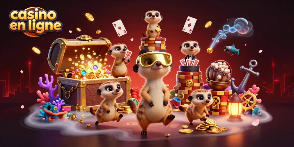 Illustration dynamique de suricates dirigeant un casino en ligne avec des éléments de jeu.