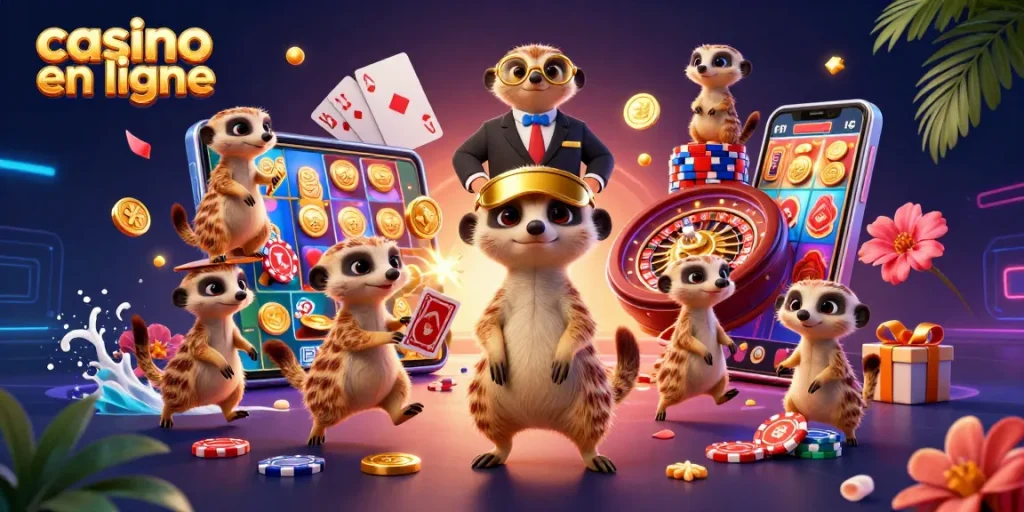 Découvrez un casino en ligne avec des suricates animés gérant des jeux et des jetons colorés.