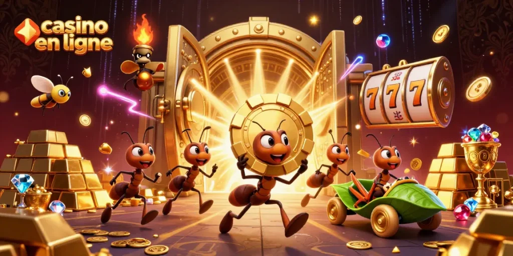 Gagnez gros avec casino en ligne : illustration d'une équipe d'ants en pleine course vers la victoire.