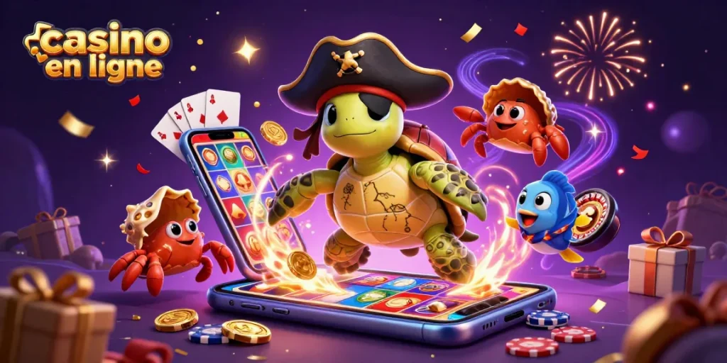 Visitez un casino en ligne avec une illustration dynamique d'une tortue pirate et un crabe, entourés d'éléments de jeu.
