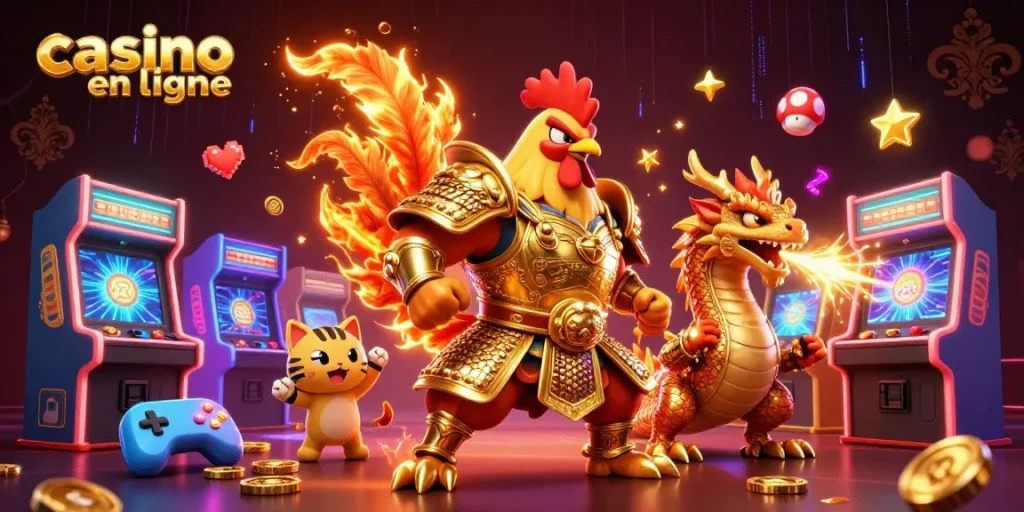 Jouez au casino en ligne avec ce guerrier coq en armure, dragon, et chanceux chat.