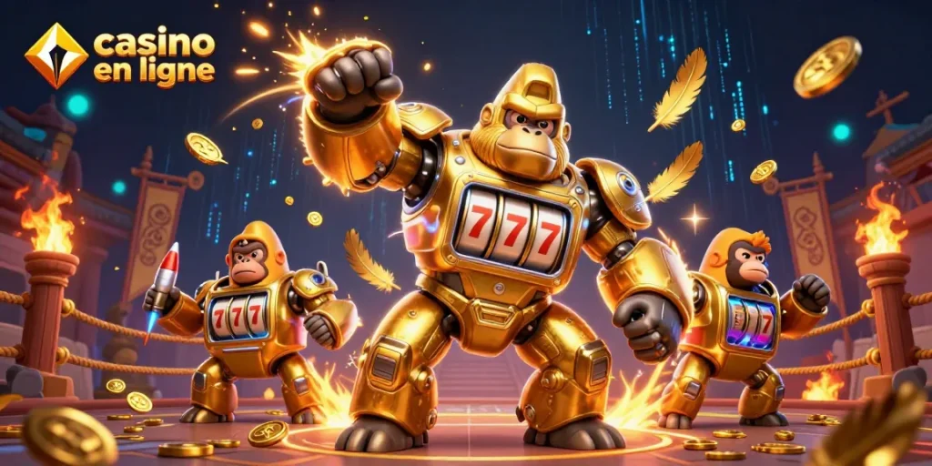 Jouer à un casino en ligne avec un gorille mech en or et des jets de pièces autour