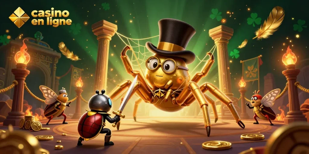 Animation captivante sur le casino en ligne avec une tarantule dorée et un chevalier, entourés d'effets étincelants.