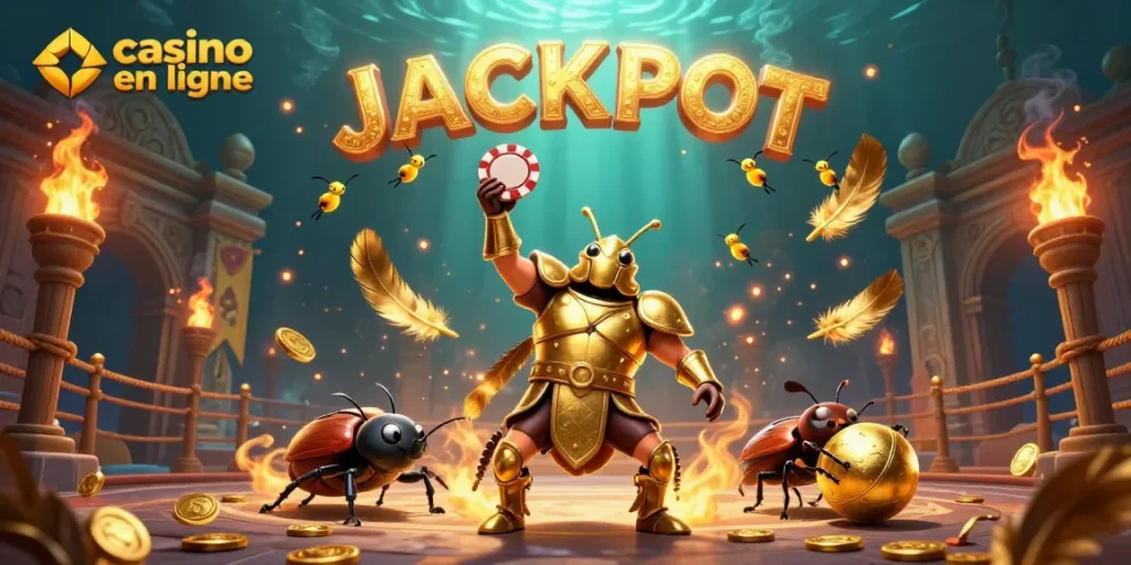 Le casino en ligne célèbre des gains avec un scarabée dans une arène entourée de feux d'artifice et de jetons d'or.