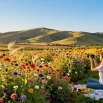 A scenic view at https://www.thecapayvalleygardentour.com showcasing vibrant flowers and travelers enjoying a picnic.