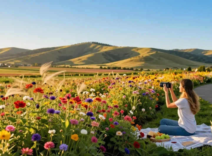 A scenic view at https://www.thecapayvalleygardentour.com showcasing vibrant flowers and travelers enjoying a picnic.