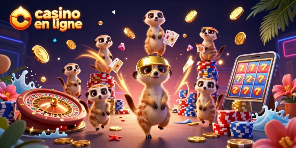 Jouez au casino en ligne avec des suricates déguisés en croupiers et une ambiance festive.