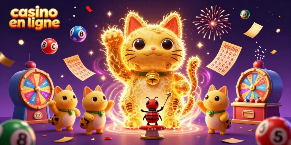 Jouer au casino en ligne avec un chat porte-bonheur entouré de balles de loterie colorées.