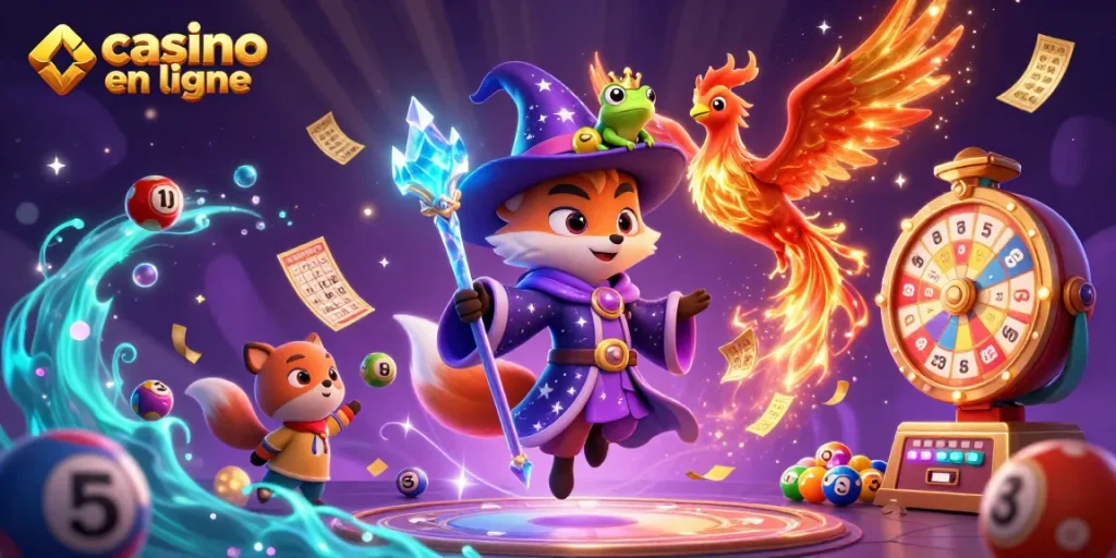 Illustrez casino en ligne avec un renard sorcier et un phénix, entourés d'éléments de jeu