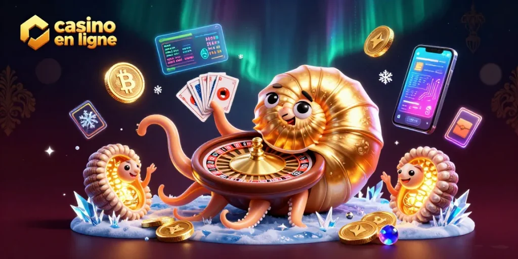 Jouez à des jeux captivants de casino en ligne avec un nautilus géant et des éléments de crypto-monnaie.
