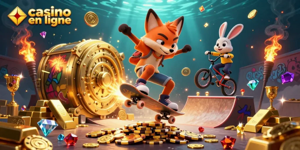 Illustration d'un renard skateboarder et un lapin BMX jouant dans un casino en ligne rempli d'or.