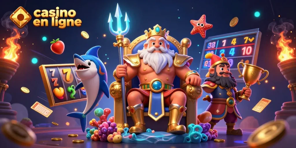 Élément visuel captivant pour casino en ligne avec Neptune, un samouraï et des éléments de jeu.