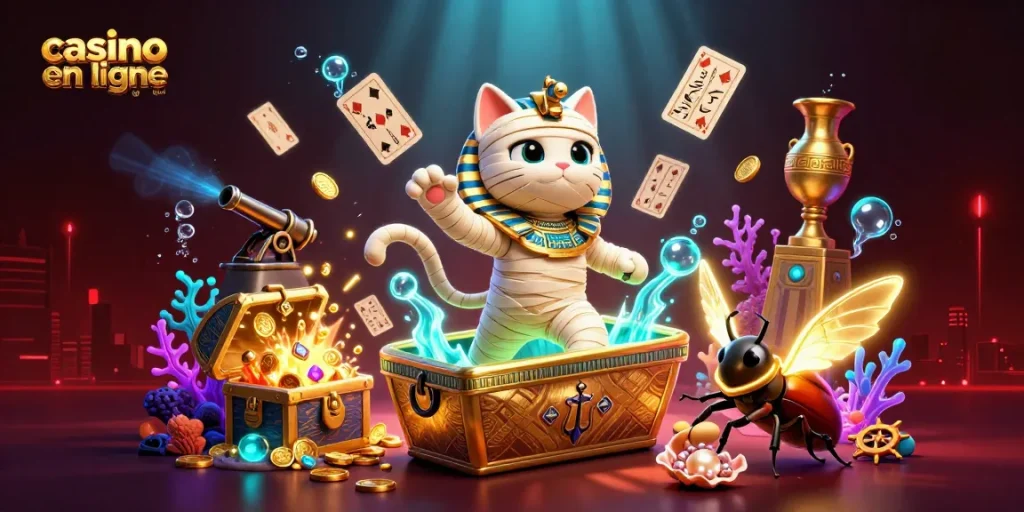 Jouez au casino en ligne France légal avec une illustration captivante d'un chat momie et un scarabée dans un casino pyramidal.