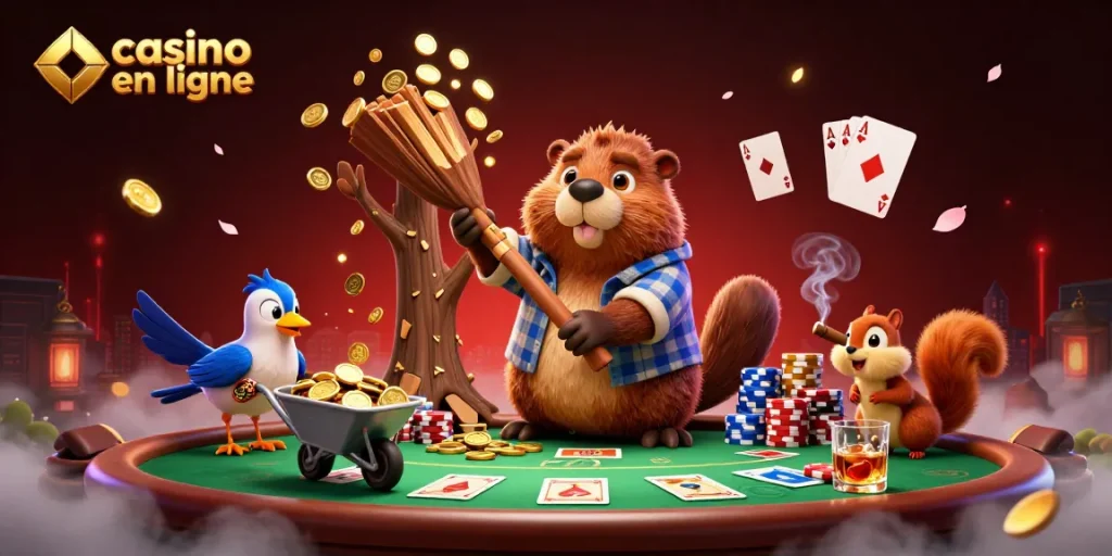 Jouez à un casino en ligne avec un castor menant un arbre pour des pièces d'or, entouré de jeux de cartes.