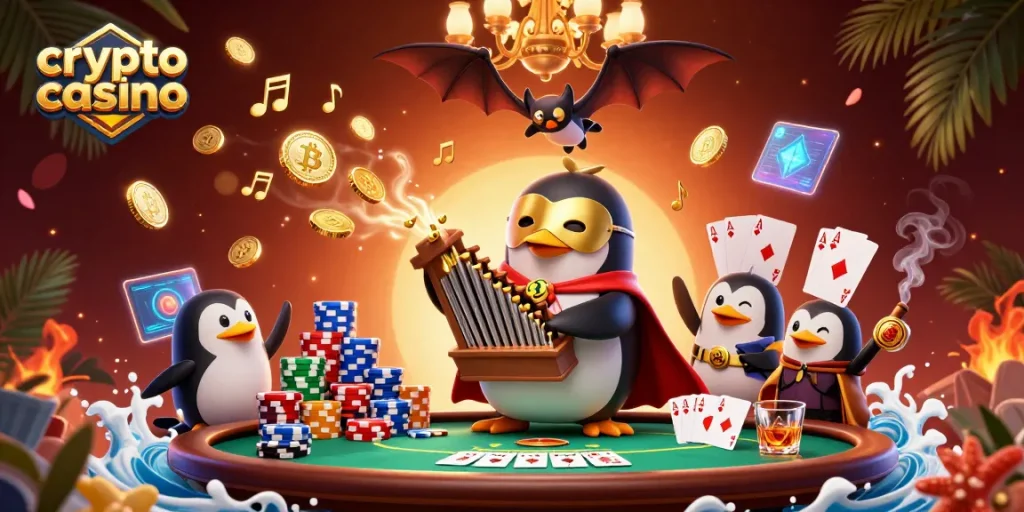Illustration colorée d'un crypto casino avec un pingouin fantôme, des pièces de bitcoin et des éléments de poker.