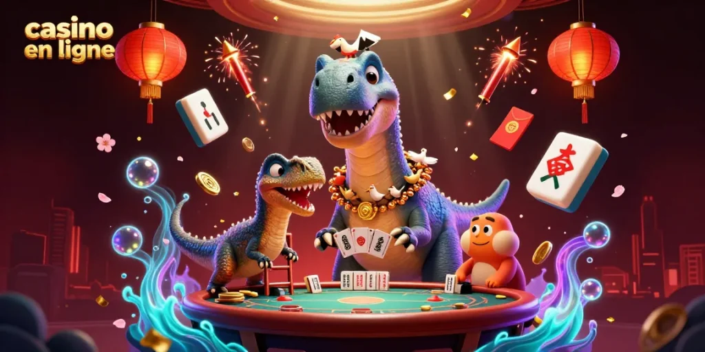 Illustration dynamique d'un casino en ligne avec un brontosaure et des éléments de jeu