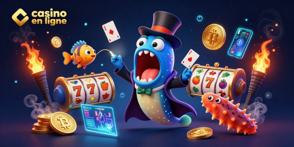 Illustration captivante sur le casino en ligne avec un poisson-lanterne et un poisson-tion saignant.