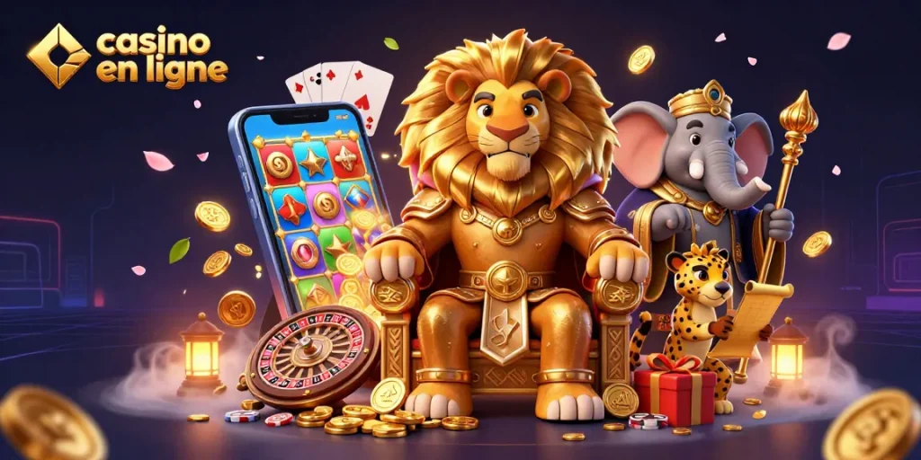 Découvrez un lion roi majestueux dans un casino en ligne rempli de jeux colorés.