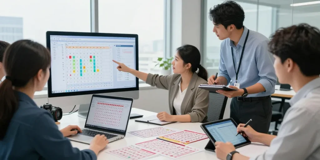 Analisis data syair menang oleh tim profesional di kantor modern, menggunakan grafik dan statistik untuk prediksi lotere.