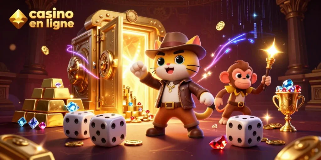 Illustration d'un chat archéologue découvrant un artéfact de casino en ligne dans un temple, mettant en avant la richesse et le jeu responsable.