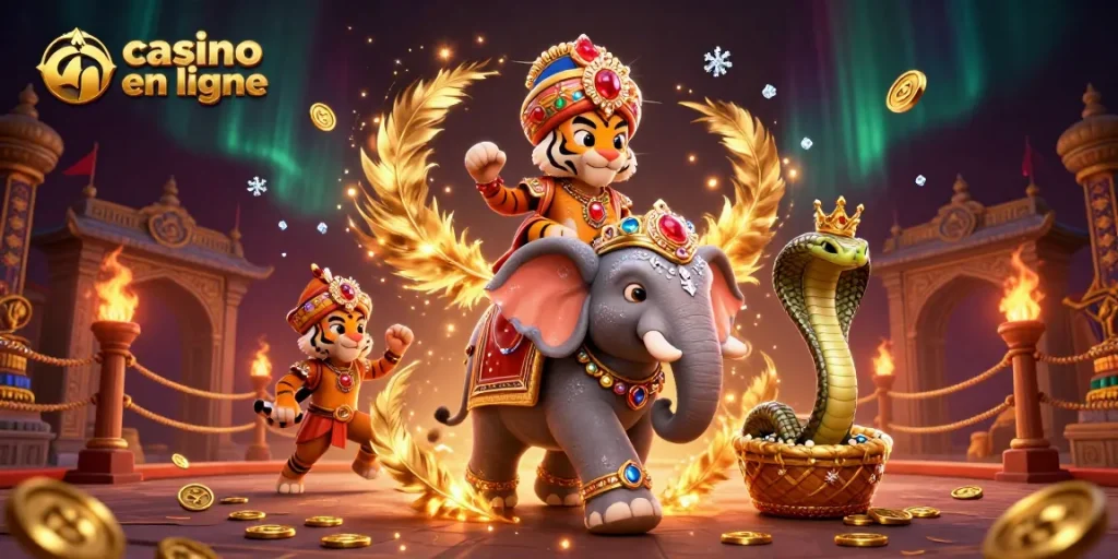 Profitez de l'excitation du casino en ligne avec cette illustration vibrante d'un tigre maharaja et un éléphant.