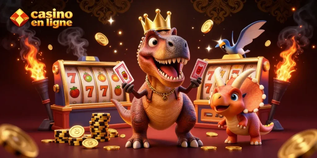 Casino en ligne : T-Rex joueur de cartes et tricératops empilant des jetons en or.