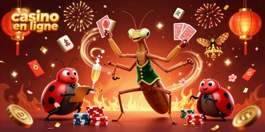 Une illustration de casino en ligne animée présentant un cambrioleur géant et un gérant, illuminée de lanternes dorées.