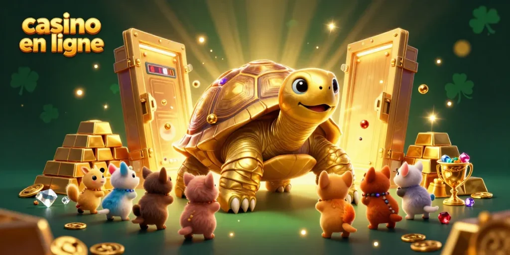 Gagnez avec les machines à sous au casino en ligne illustré par une tortue dorée ludique.