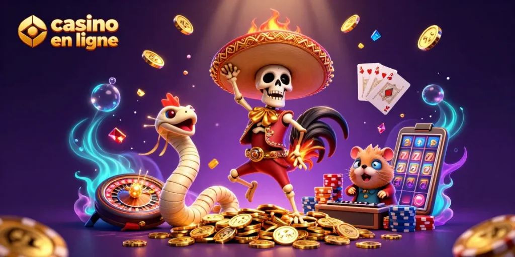 Illustration dynamique représentant l'univers du casino en ligne avec des personnages amusants et des éléments de jeux.