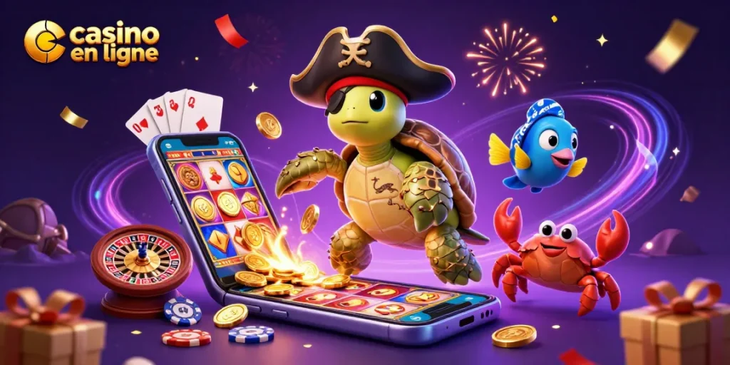 Jouer aux jeux de casino en ligne avec une tortue pirate et des trésors sous-marins.