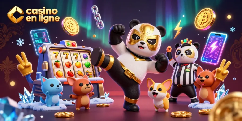 Le panda lutteur en or lance un coup de pied dans un casino en ligne animé avec des spectateurs joyeux.