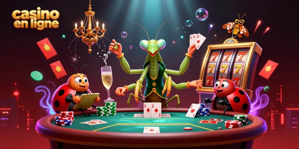 Animation dynamique sur un casino en ligne avec un caméléon et une coccinelle, ambiance festive.