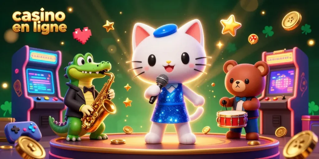 Illustration vibrante d'un casino en ligne avec un chat chanteur, un crocodile saxophoniste et un ours à la batterie.