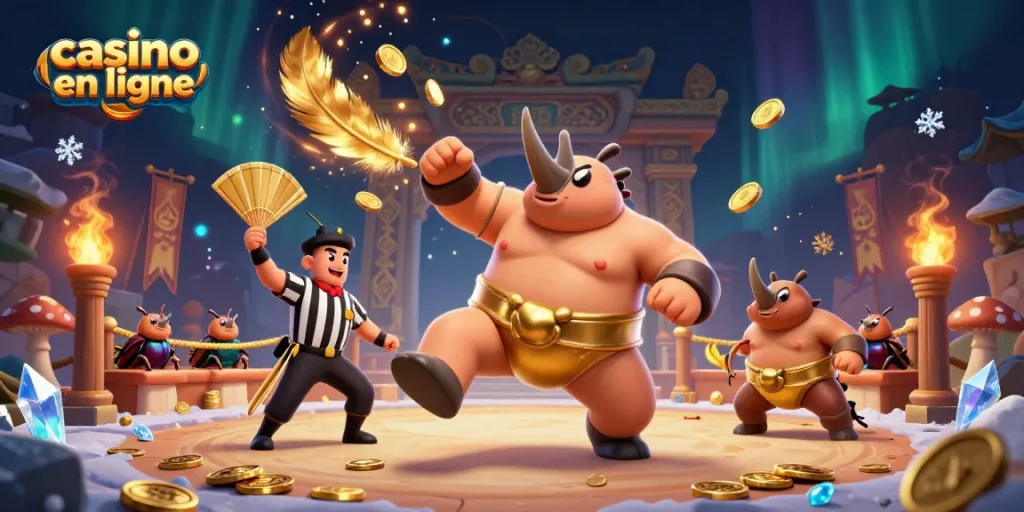 Action dans un casino en ligne avec un scarabée sumo et un criquet arbitre