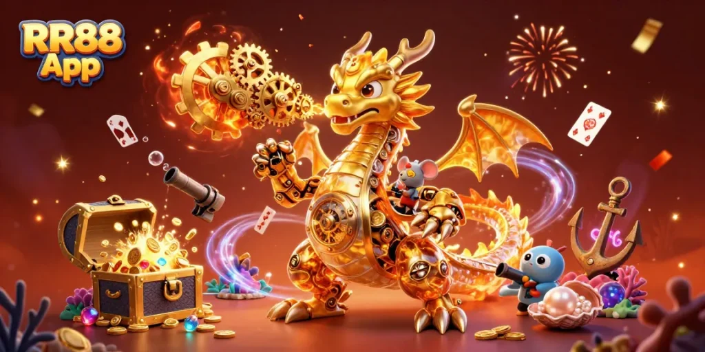 Experience the thrill with RR88 App, featuring dynamic casino elements and a golden dragon.
